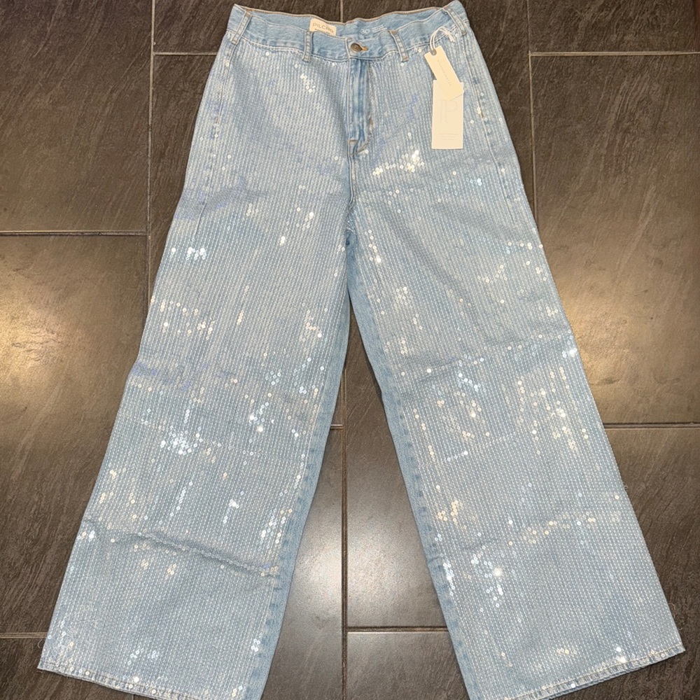 Anthropologies Pilcro Sequin Skater High-Rise Wide-Leg Jeans